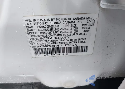 2012 Acura Mdx Technology Package from USA, damaged, VIN 2HNYD2H3XCH547871